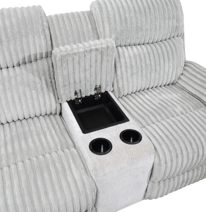 Gray Corduroy Motion Sofa W/Drop Down Table