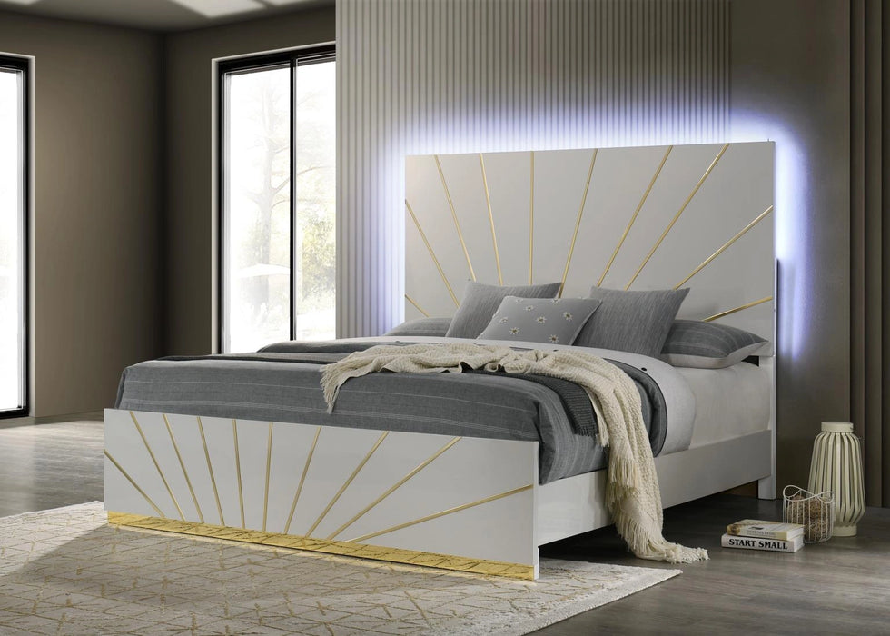 White/Gold Line Led Queen Bed