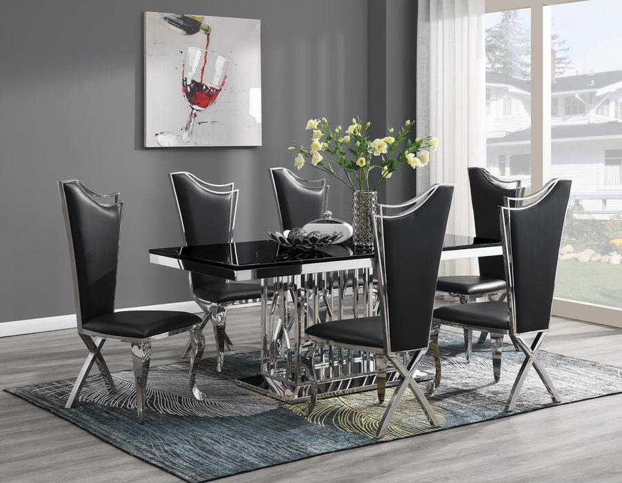 Dining Table (Black Marble) & 6 Black Leather Chairs