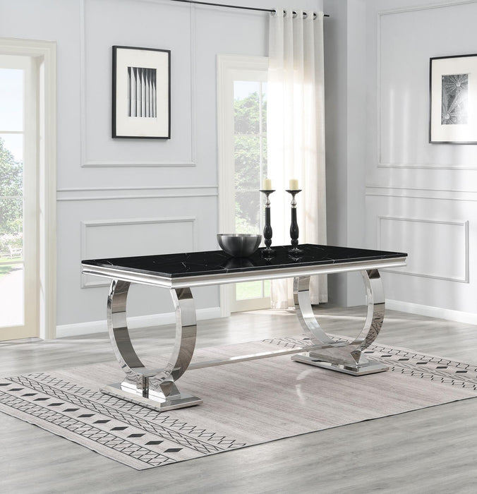 Dining Table (Black Marble) & 6 Gray Velvet Chairs