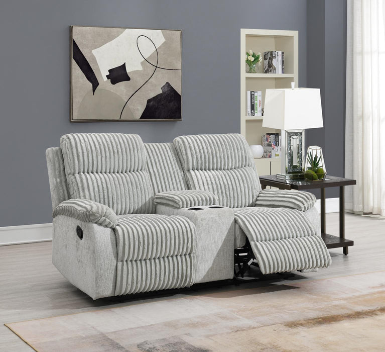 Gray Corduroy Motion Sofa W/Drop Down Table