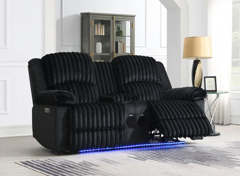 Black Corduroy Power Led Reclining Loveseat W/Bluetooth Speaker